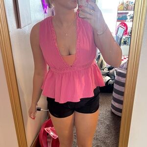 SHEIN Pink Lace Trim Peplum Tank Top